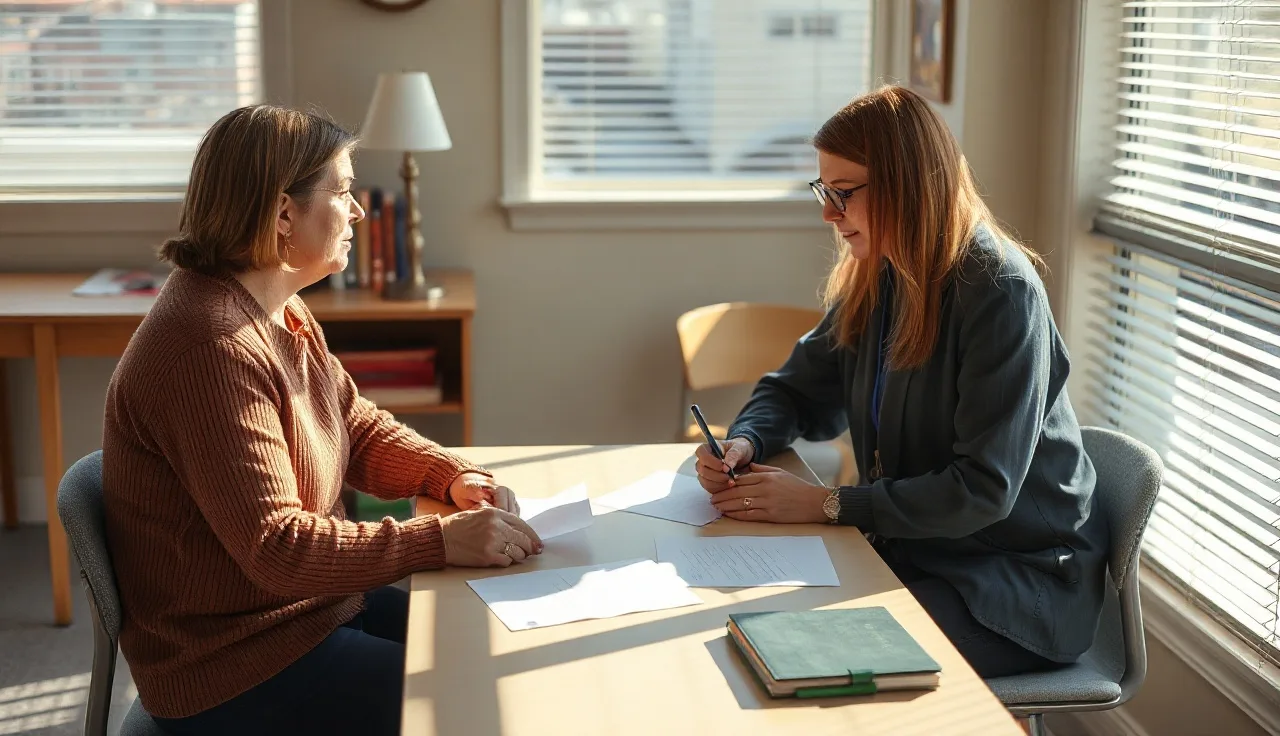 Parent and school staff member discussing paperwork at a small office table