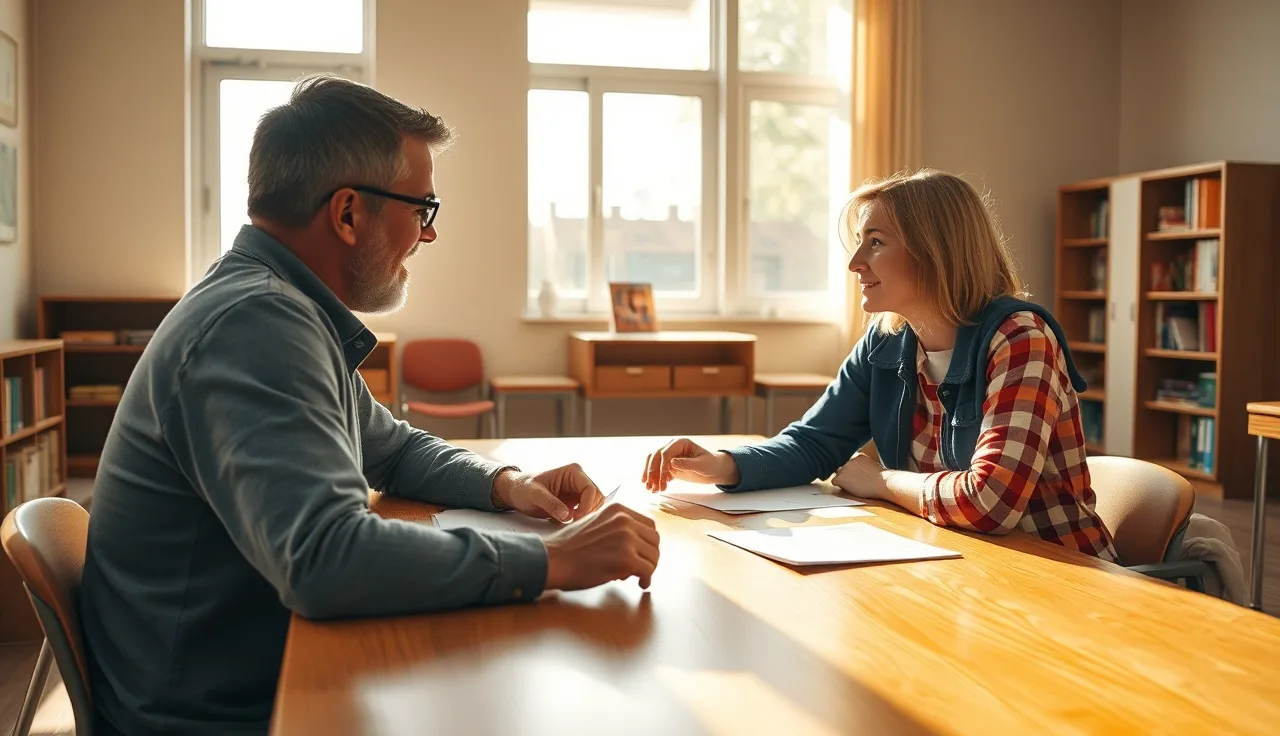 Parent and school counselor reviewing IEP documents at a conference table
