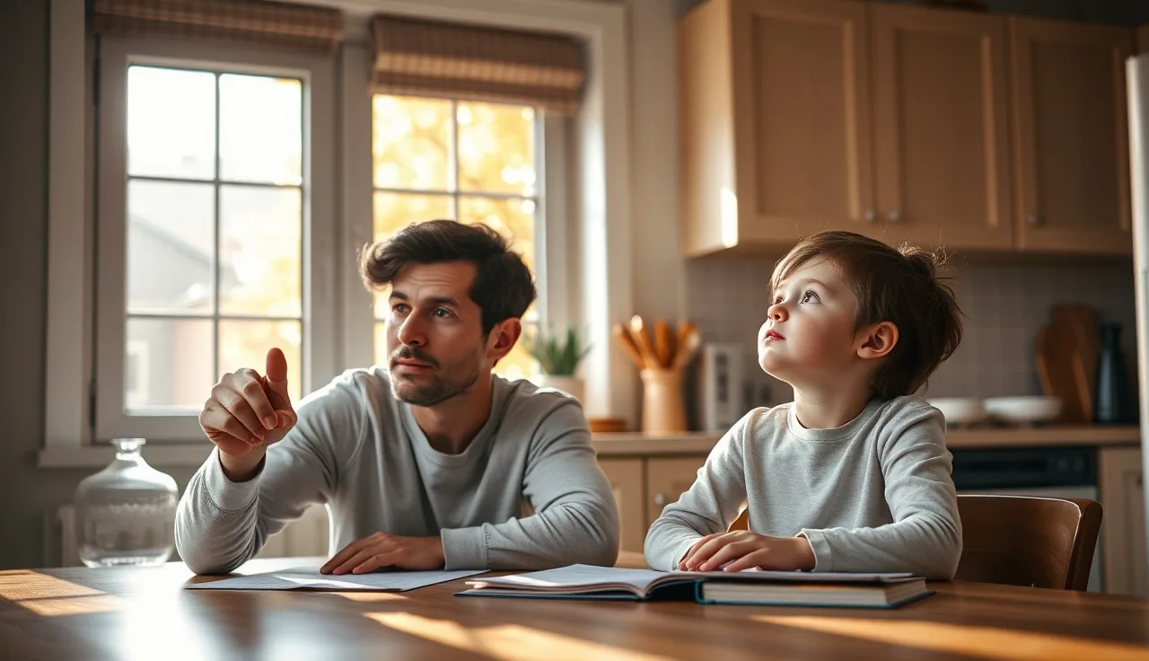 Parent helping a young child with schoolwork at a kitchen table in morning light