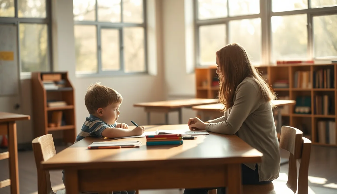 Child and teacher working one-on-one at a wooden classroom table in morning light