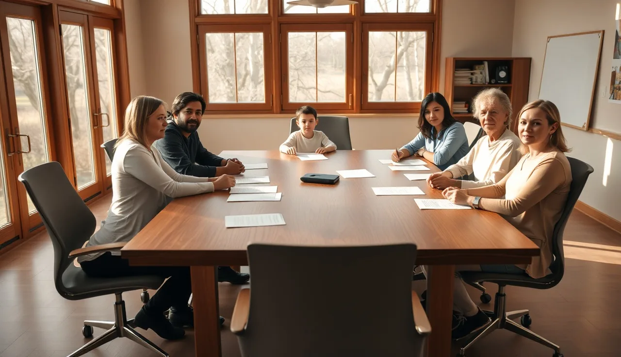 Parents and school staff gathered around a table for an IEP team meeting