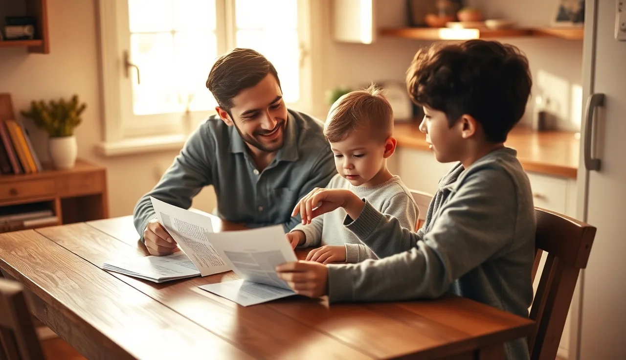 Parent and child reviewing IEP papers together at a kitchen table in morning light