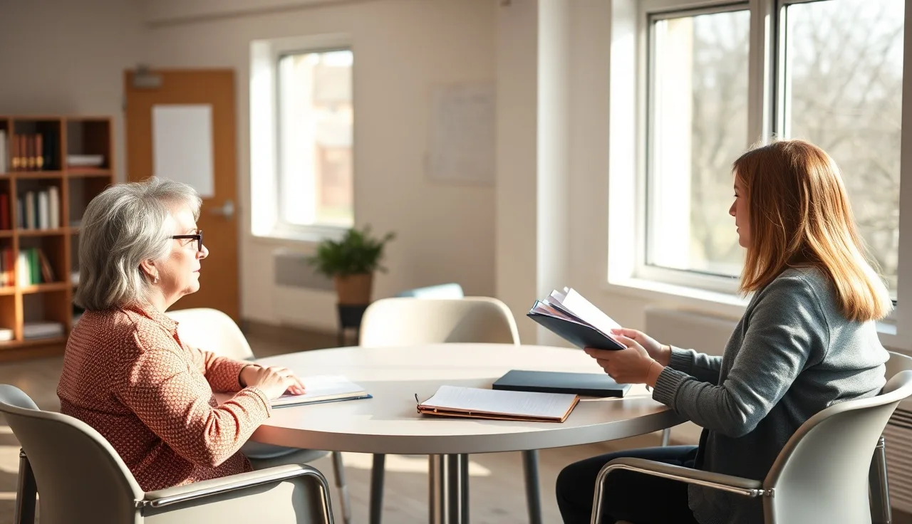 Parent and school counselor reviewing disability plan documents at a conference table