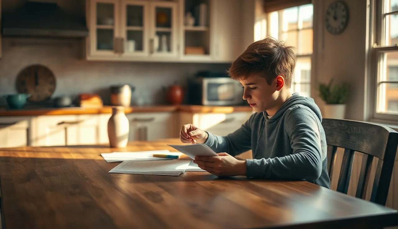 Parent and child reviewing IEP paperwork together at a kitchen table in morning light