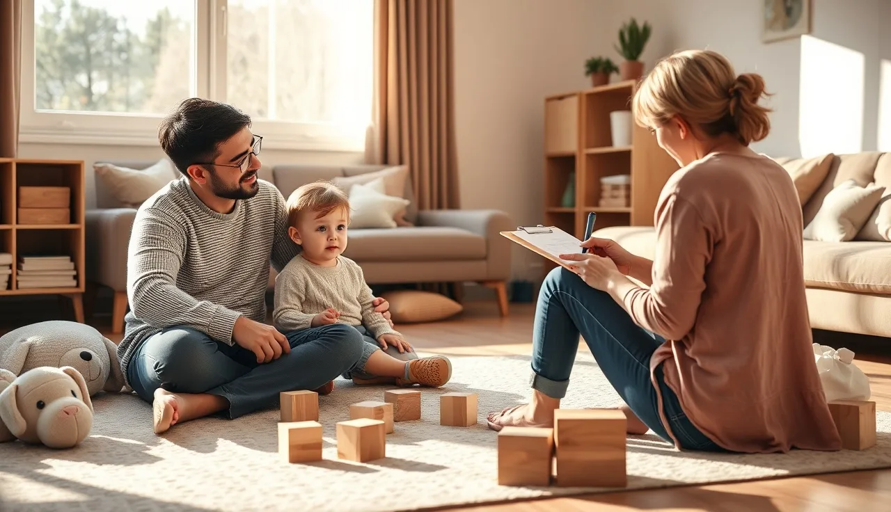 Parent and toddler on a living room floor with a therapist during early intervention session