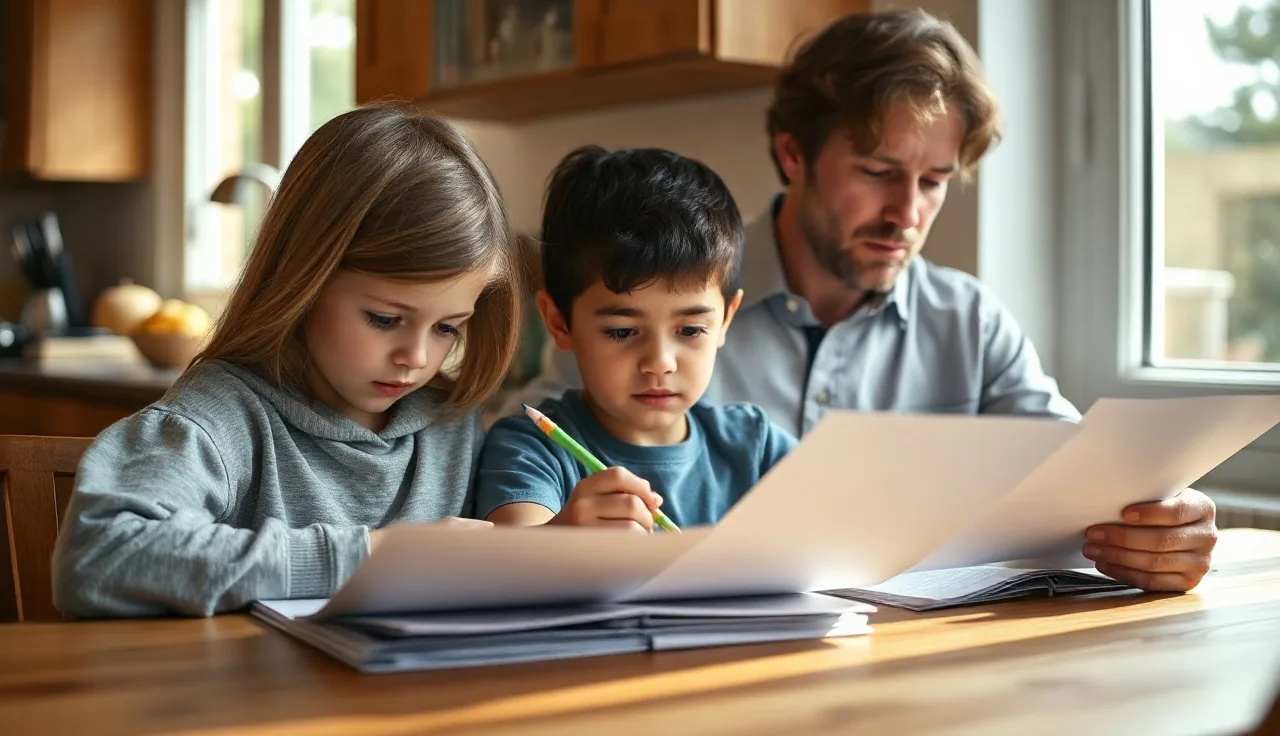 Parent and child reviewing school evaluation papers at a kitchen table
