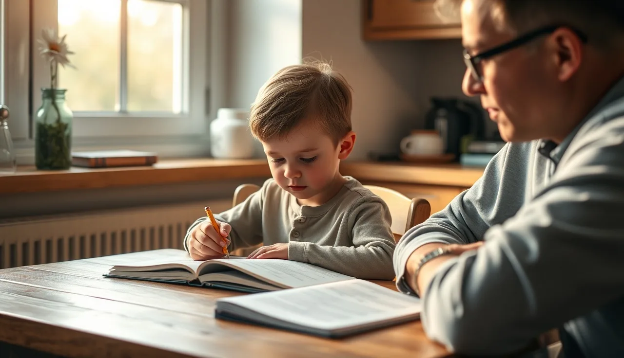 Child looking at an open notebook at a kitchen table with an adult nearby