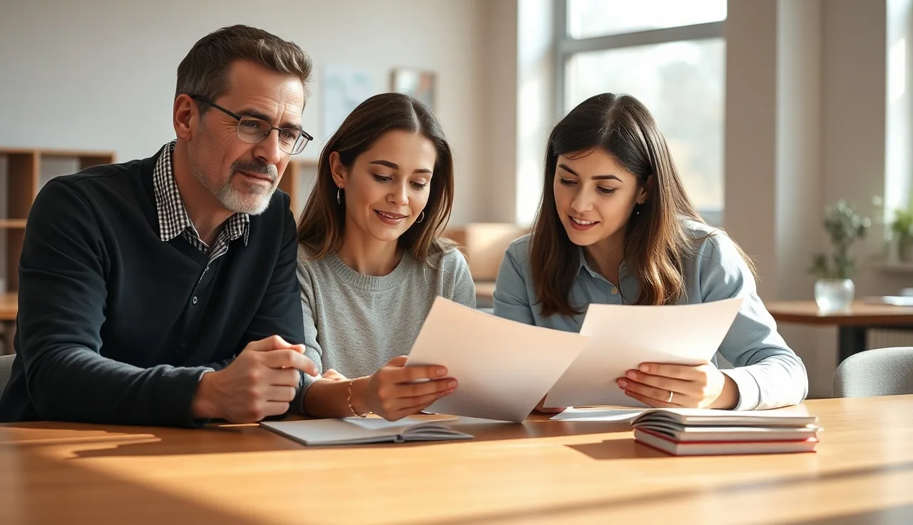 Parents and teacher reviewing IEP documents at a school conference table