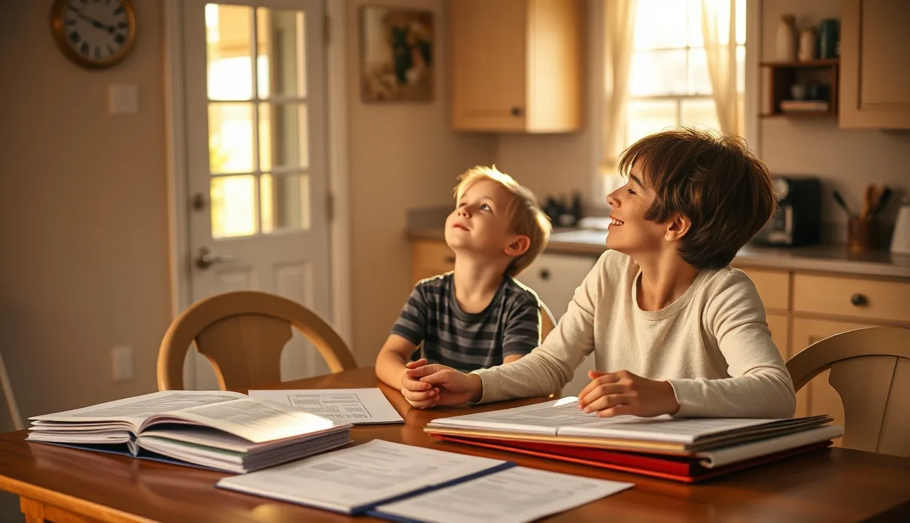 Parent and child reviewing school documents together at a kitchen table