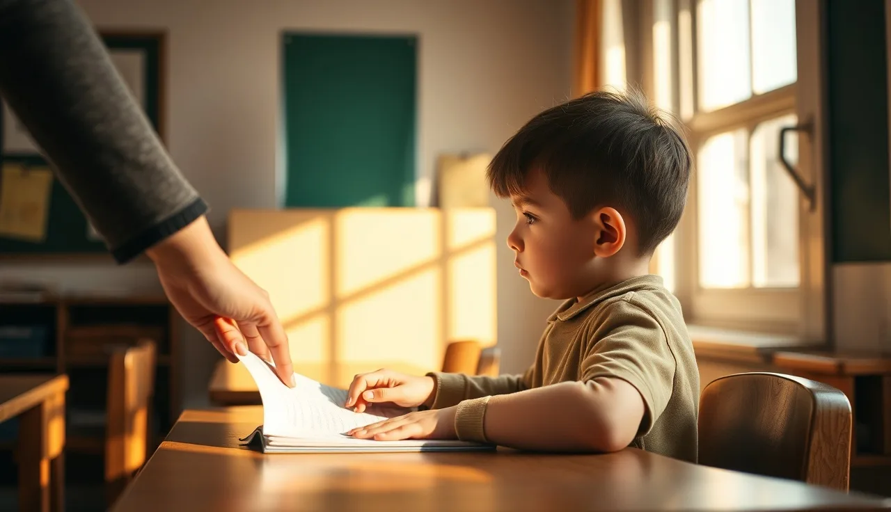Child and teacher reviewing a workbook at a sunlit classroom desk