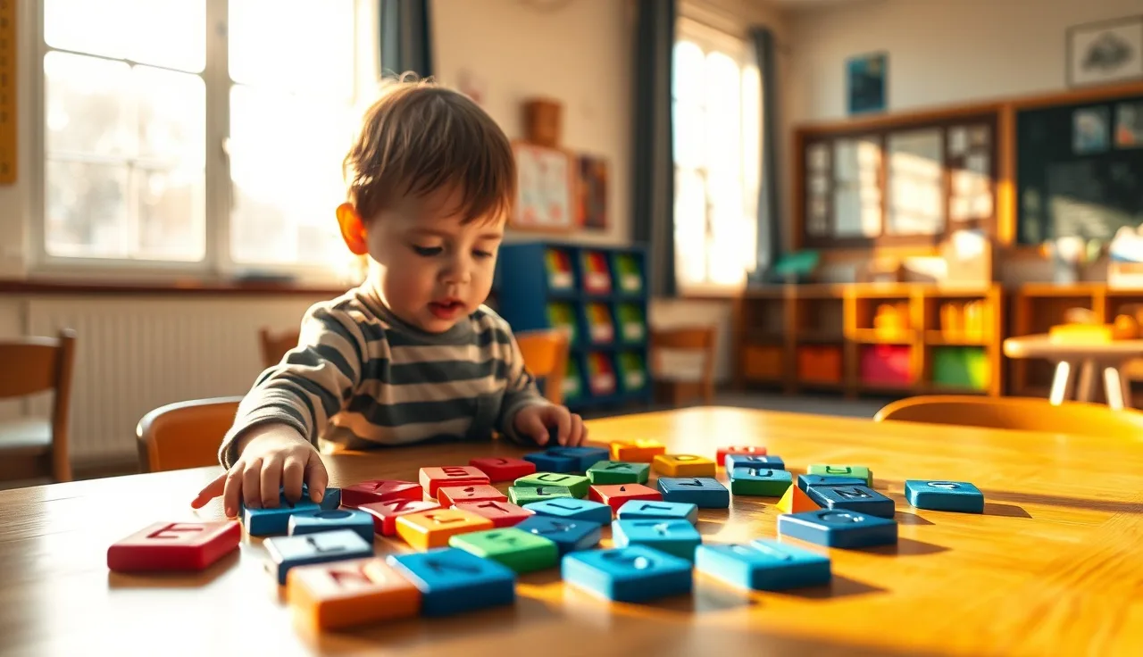Child with autism working on letter tiles at a classroom table with teacher