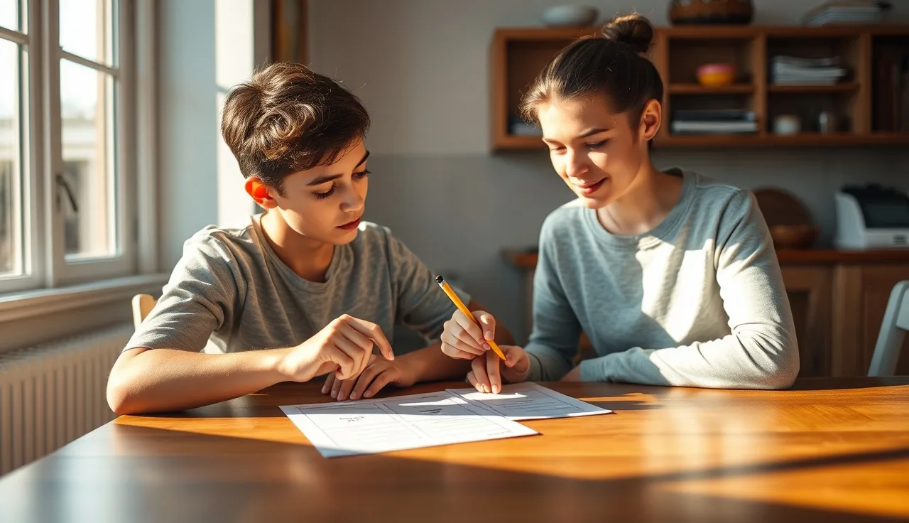 Parent helping young child with reading worksheet at kitchen table