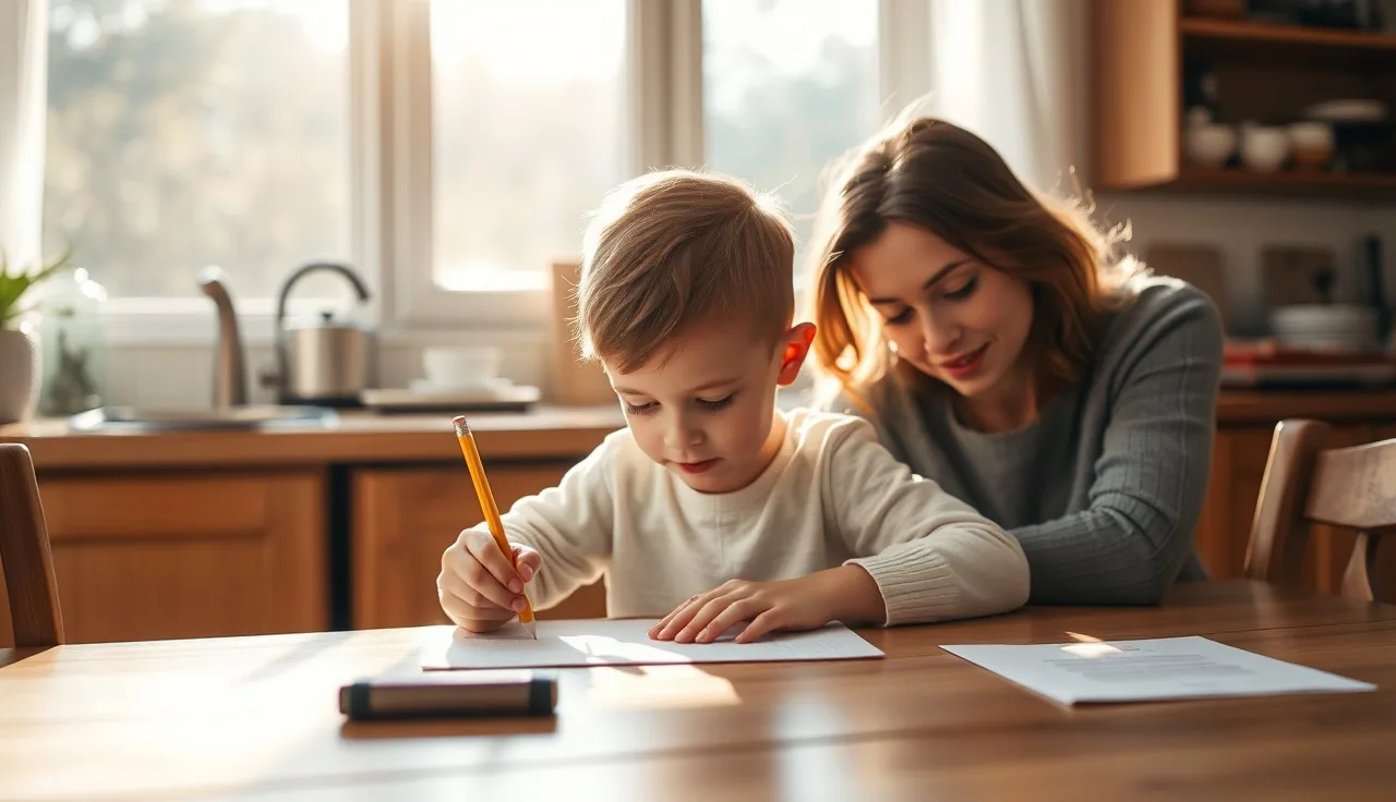Child and parent working together at a table on reading and writing tasks