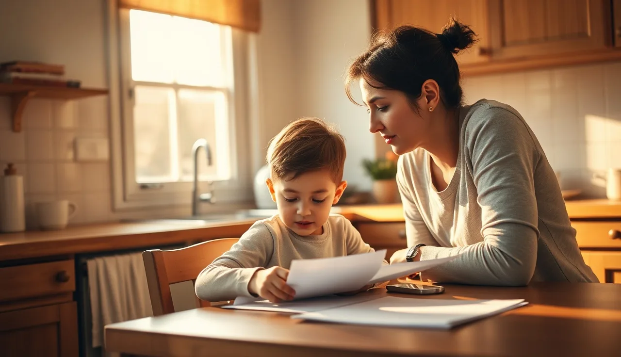 Child and parent reviewing evaluation papers together at a home desk