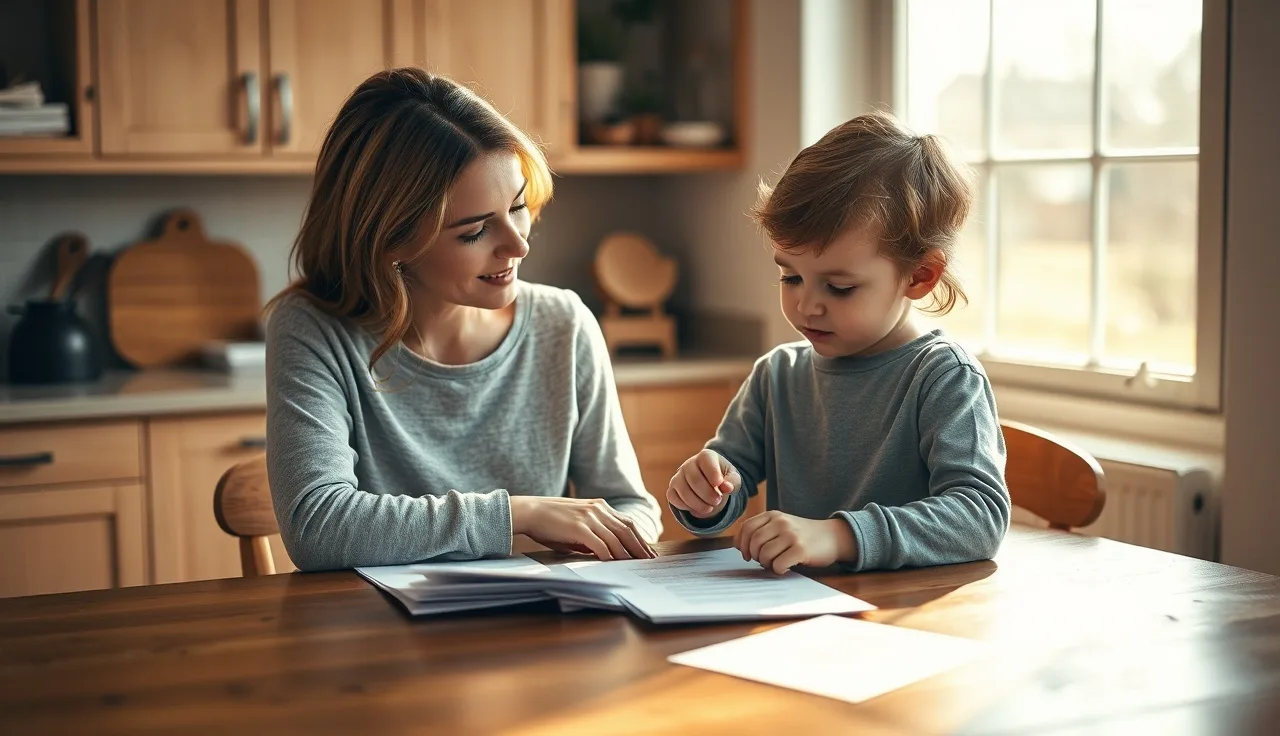Mother and child reviewing school papers together at a kitchen table