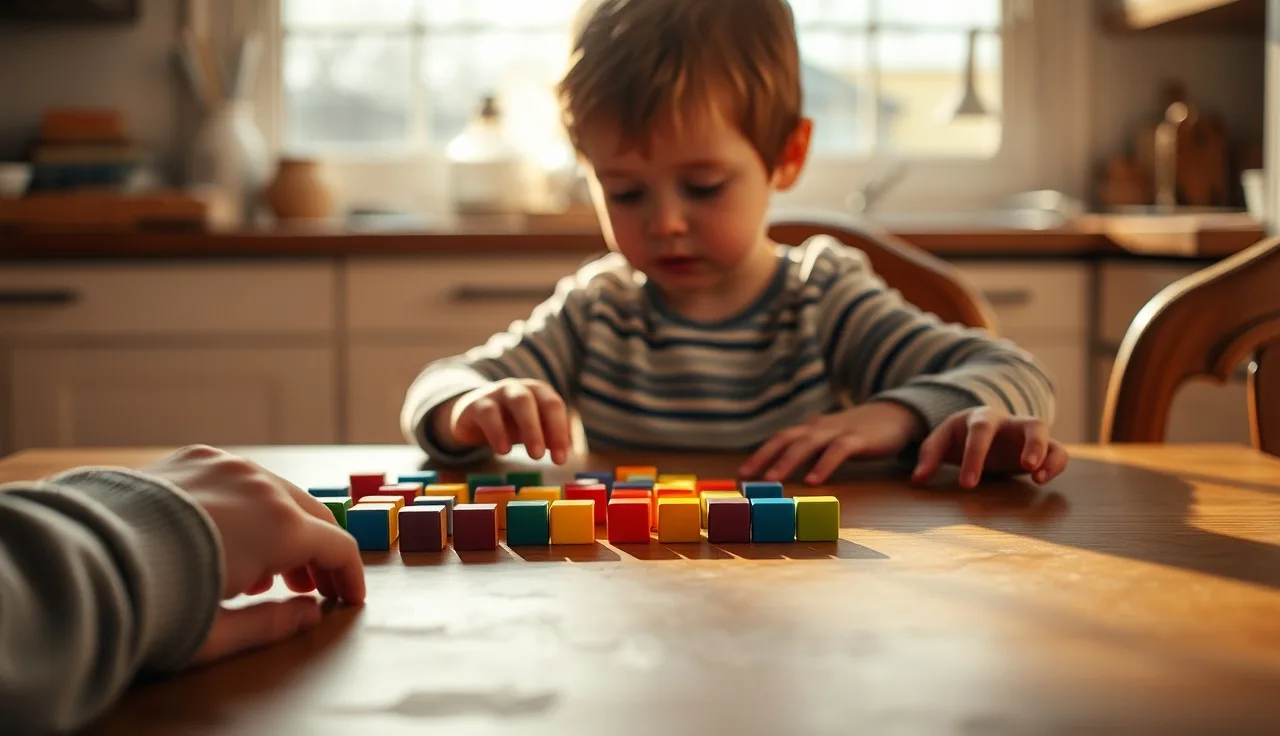 Child arranging counting cubes on kitchen table with adult nearby, illustrating mathematics learning support
