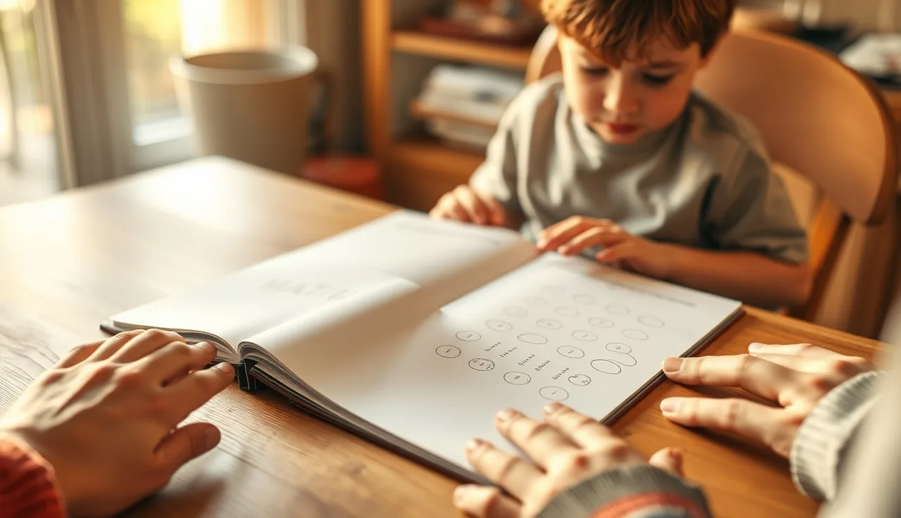 Child working through math problems at a home kitchen table with a parent nearby
