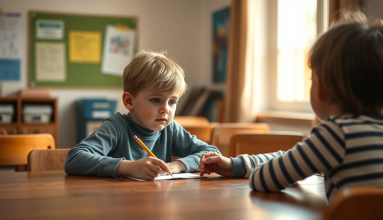 Child and teacher working together at a table on reading goals
