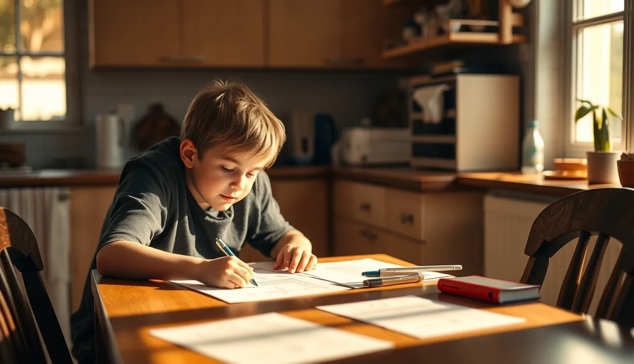 Parent helping a young child with schoolwork at a kitchen table