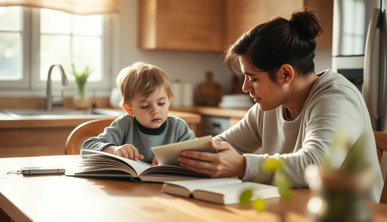 Child reading aloud at a kitchen table while a parent listens, illustrating reading fluency practice
