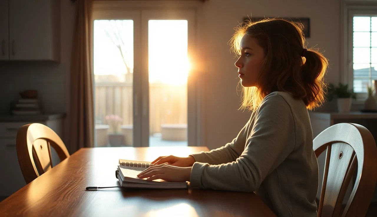 Teenage girl looking out a window at a kitchen table, representing high school student mental health and 504 planning