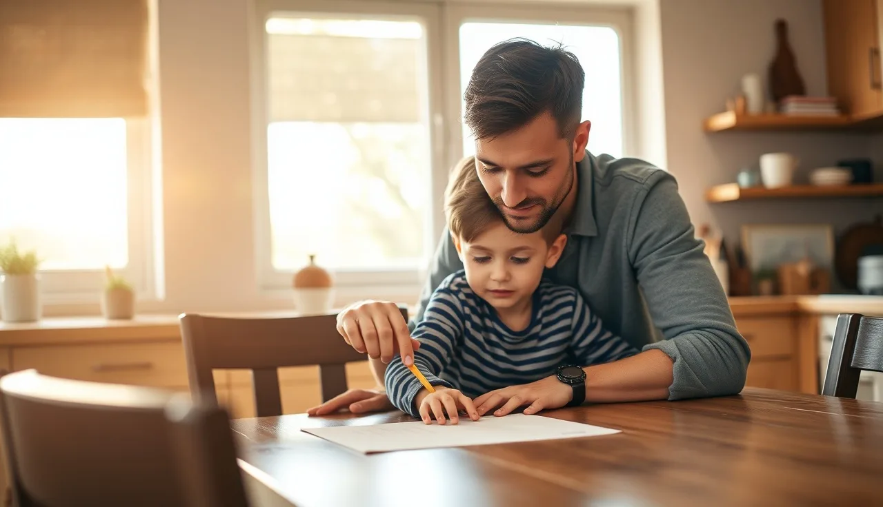Parent and child reviewing written IEP goals together at a kitchen table