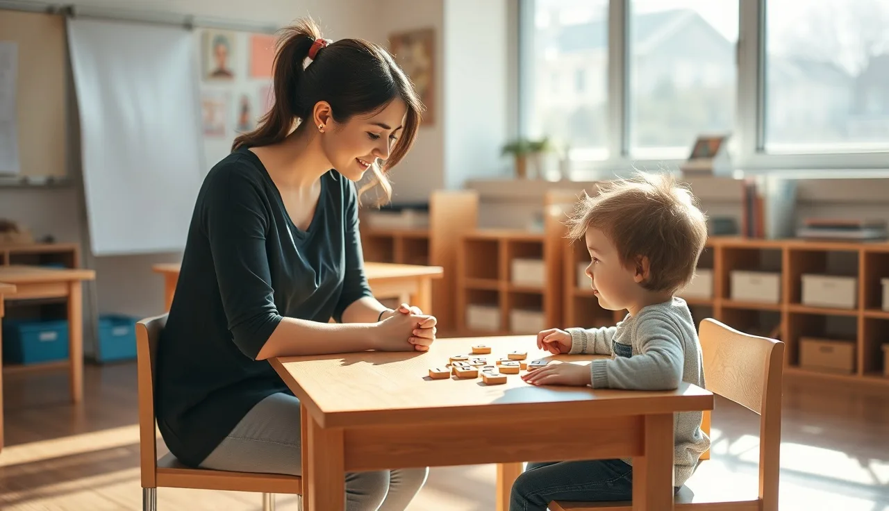 A child and teacher work together with letter tiles at a small classroom table