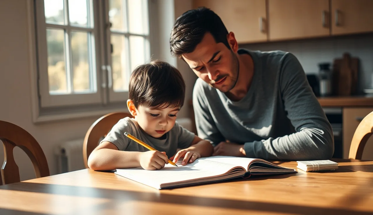 Parent and child working together at a kitchen table, focused on reading