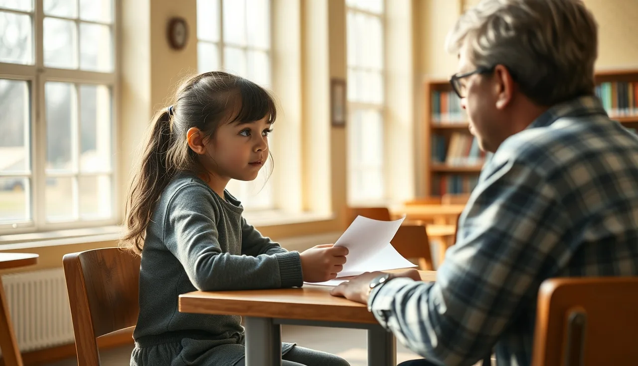 Young girl confidently presenting her own learning plan to a school adult