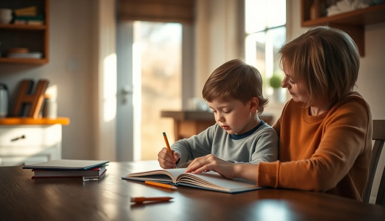 Child and adult working together at a table on a reading activity