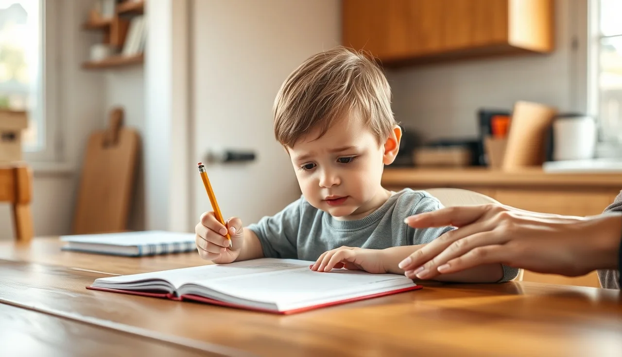 Child writing in notebook at kitchen table while parent offers support