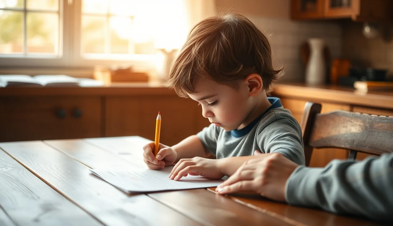 Child struggling to write at kitchen table with parent support nearby