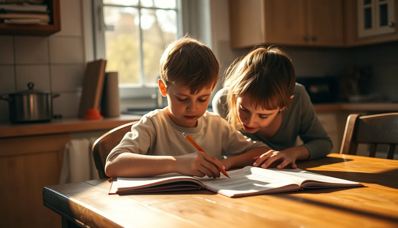 Young child and parent working together at a table on a reading worksheet
