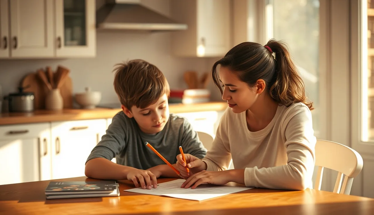 Parent helping a young struggling reader at a kitchen table in morning light