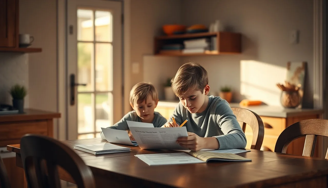 Parent and child reviewing school documents together at a kitchen table