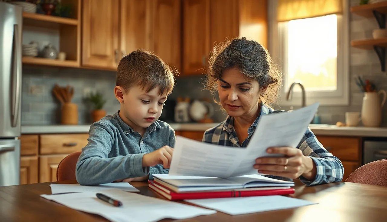 Parent and child reviewing school documents together at a kitchen table