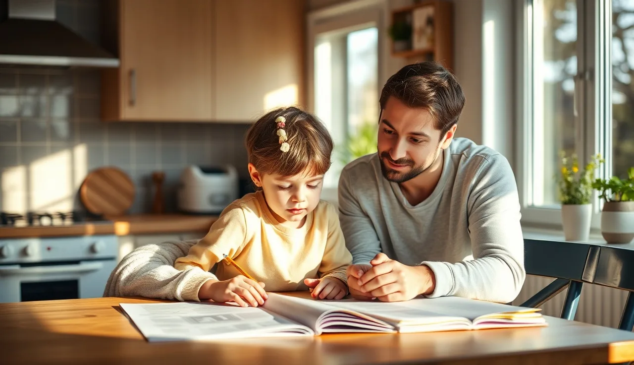 Parent and child reviewing school documents together at a kitchen table