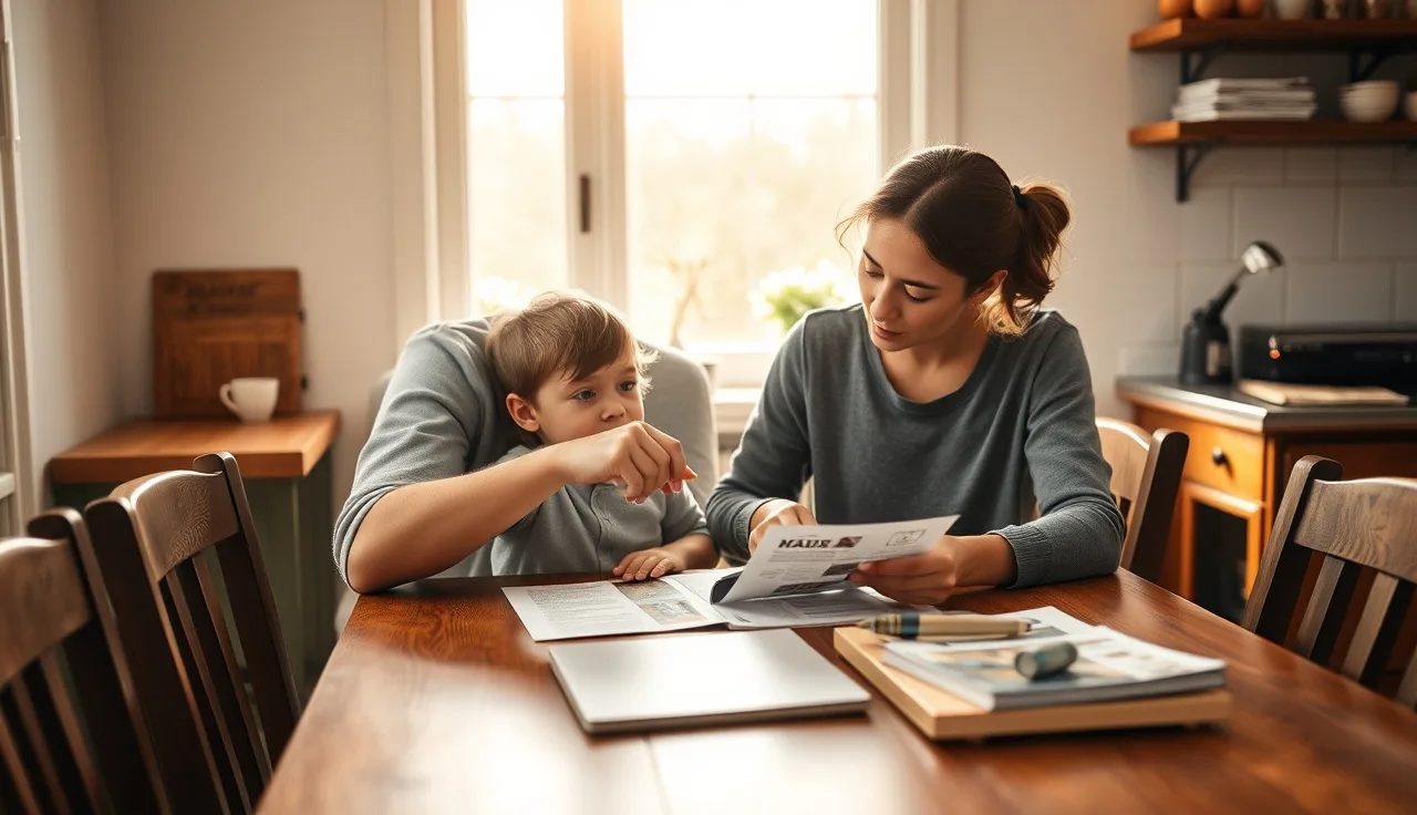 Parent and child reviewing school papers together at a kitchen table