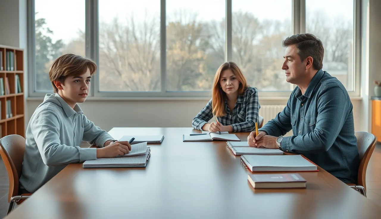 Parent and teen at IEP meeting with school staff at conference table