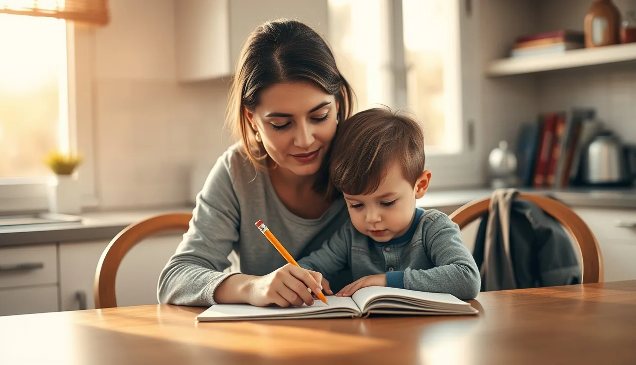 Mother and child working together at kitchen table, child with pencil and notebook