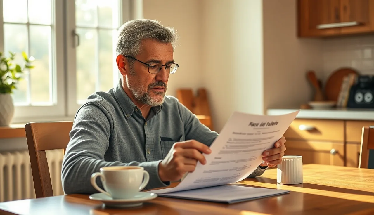 Parent reading an official school document at a kitchen table in morning light