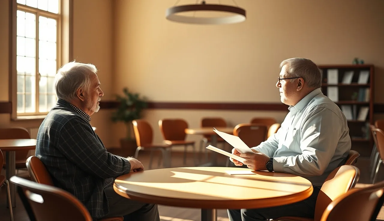 Adult volunteer and school official reviewing documents at a community center table