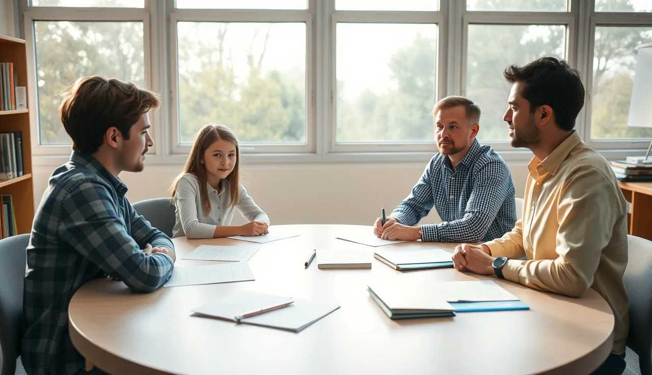 Teenager and parent meeting with school staff at a conference table for IEP transition planning