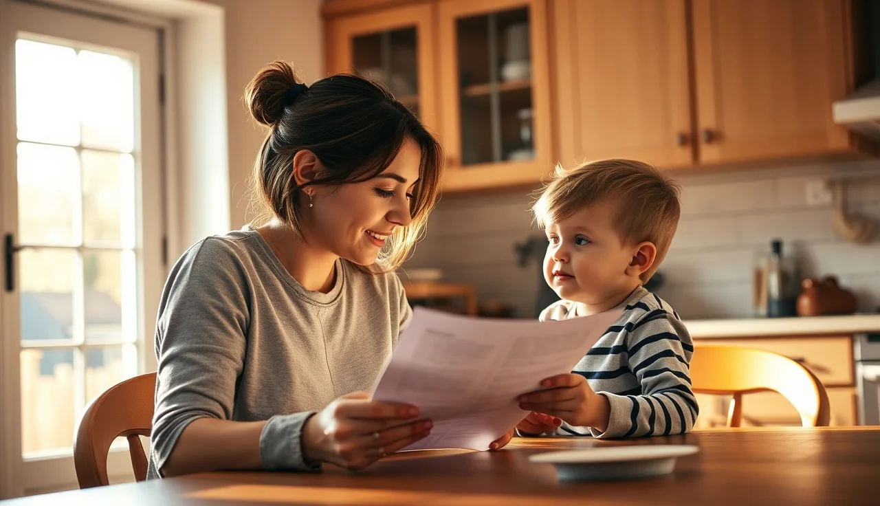 Mother reviewing school evaluation paperwork with her young child at kitchen table