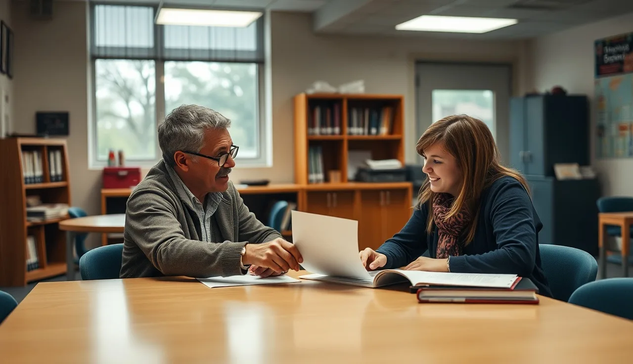 Parent and school administrator reviewing documents at a desk during a transfer enrollment meeting