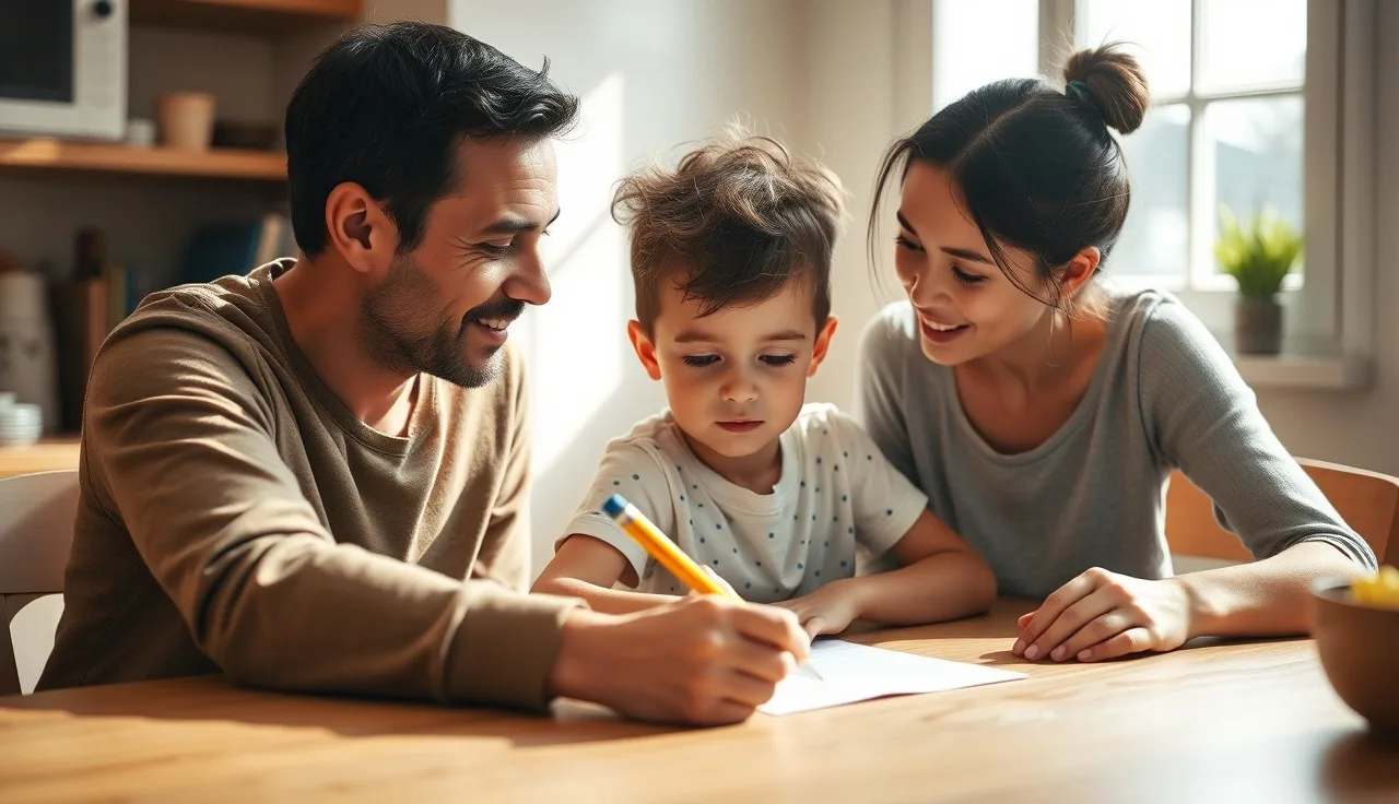 Parent and child working together at a kitchen table on reading activities