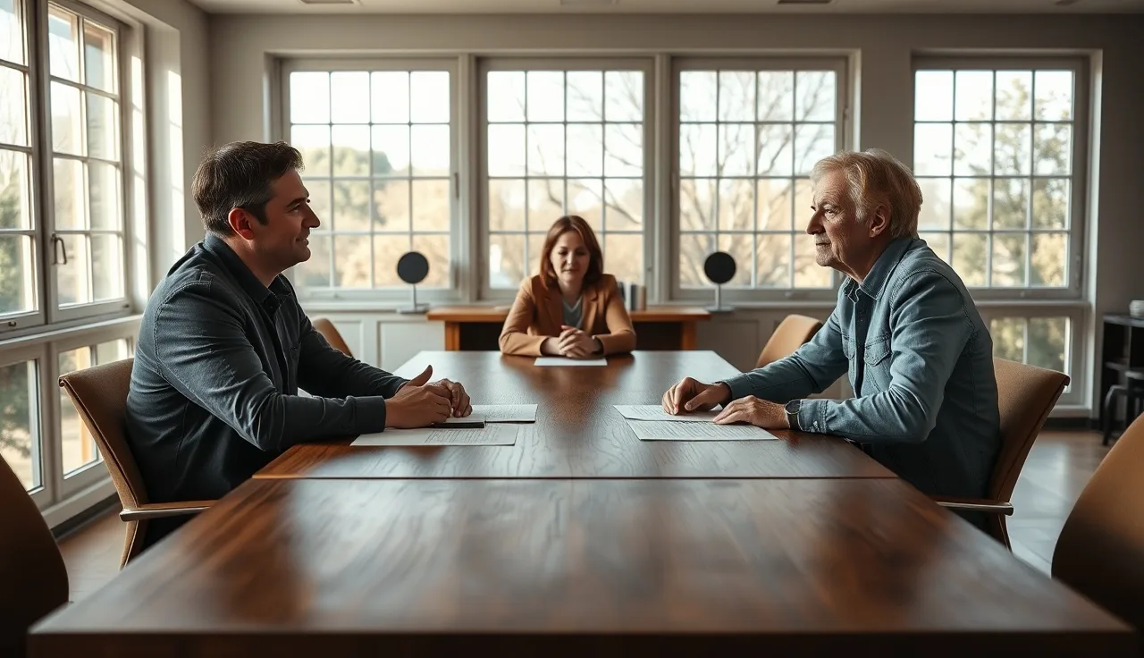 Two parents and a mediator sit at a table in a calm conference room resolving a school dispute