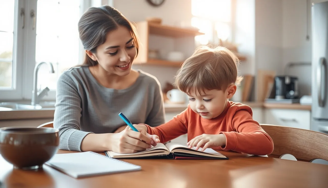 Mother and child reviewing handwritten notes at a kitchen table, tracking reading progress together