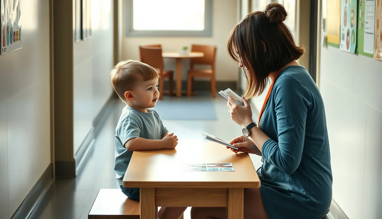 A child and teacher doing a one-on-one reading intervention session in a school hallway
