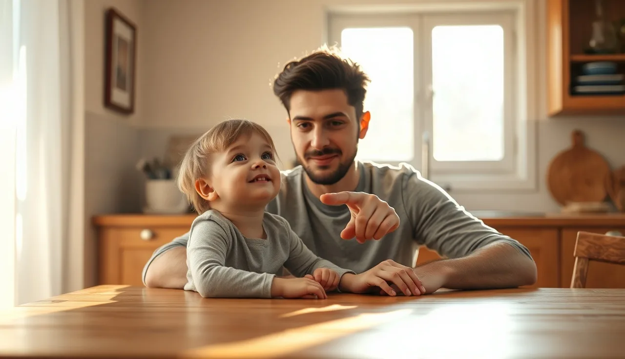 Parent and child working together at kitchen table in morning light, reading disability support